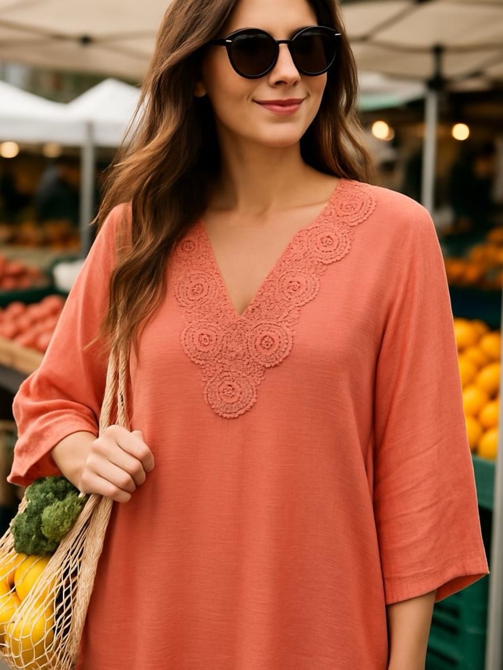 Robert Louis Boho Coral Crochet-Trim V-Neck Tunic Size L